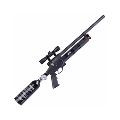 Clear Dart DR1 CO2 dart gun by Air Venturi on white background with mounted scope and attached CO2 tank